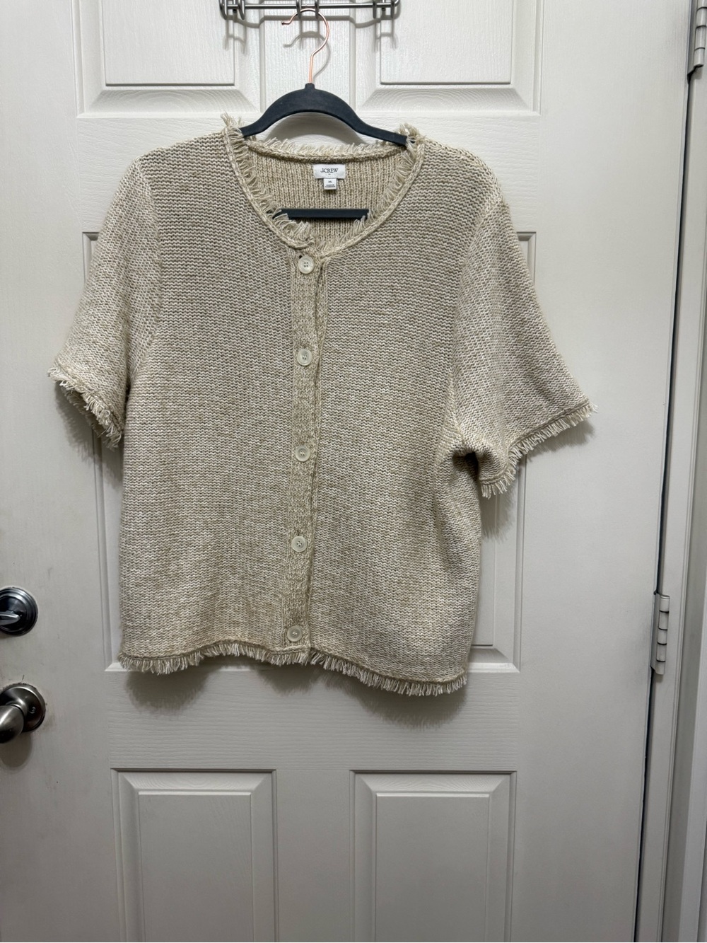 J. Crew Short-Sleeve Fringe-Trim Button Cardigan in Oatmeal